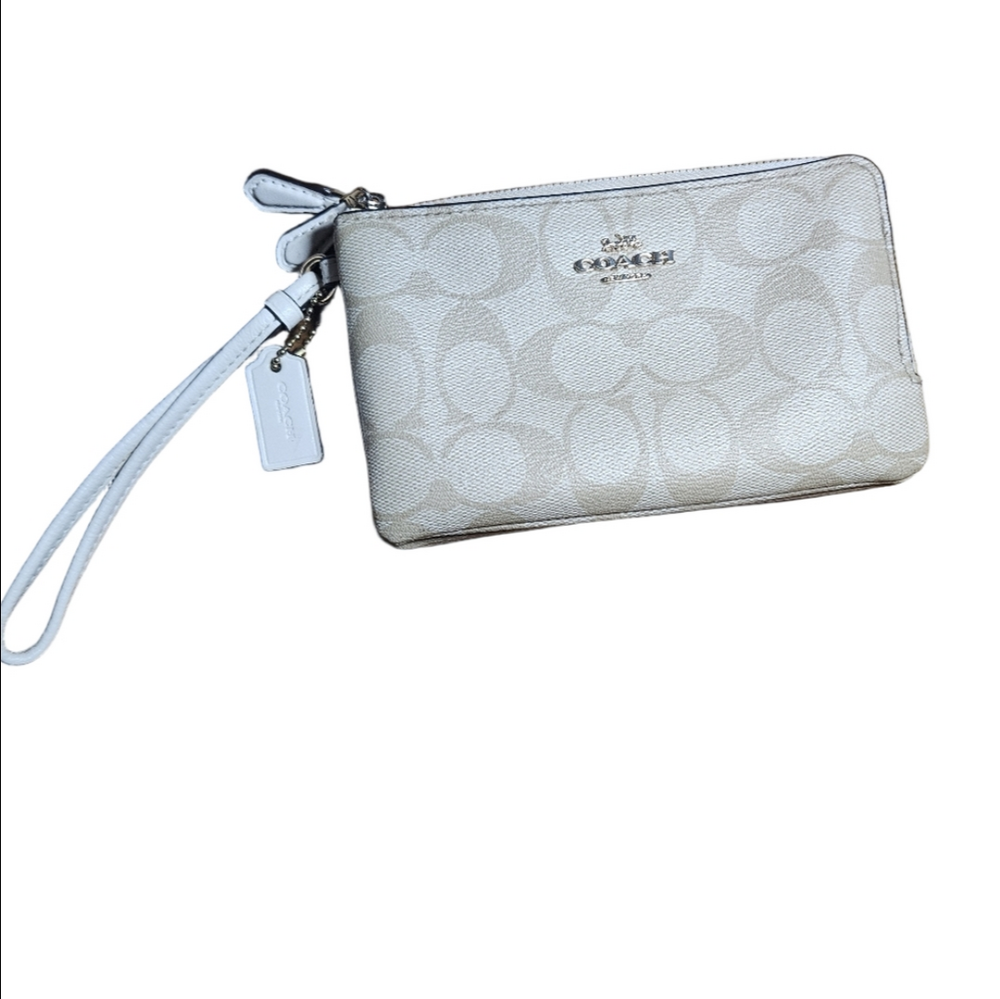 Coach White Double Corner Zip Wristlet Signature